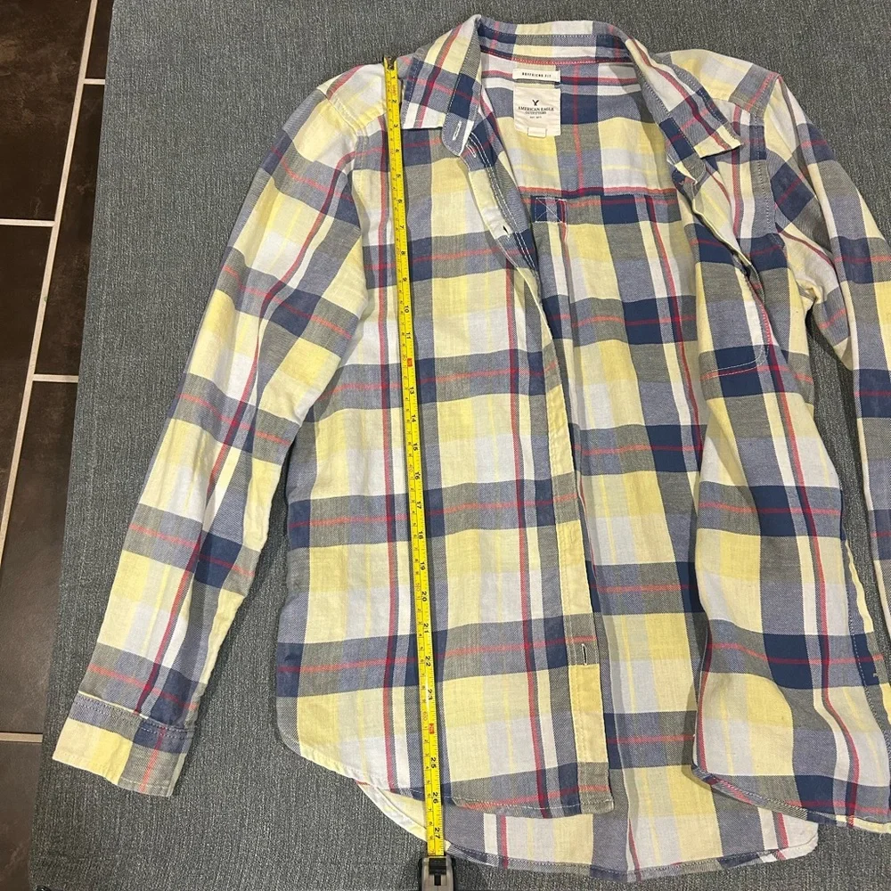 American Eagle Outfitters Flannel Womens Light Yellow & Blue Flannel Size Large - Picture 7 of 7